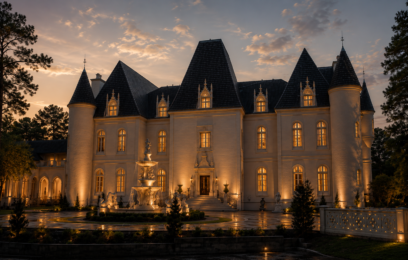 Chateau Nouvelle illuminated at dusk, the venue for Wasi & Hope's wedding